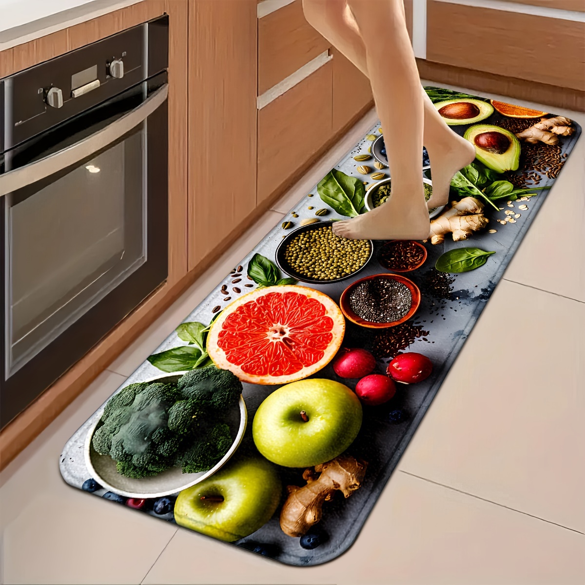 Commercial Kitchen Background - Karpet Dekorasi Dapur Motif Brokoli, Apel,